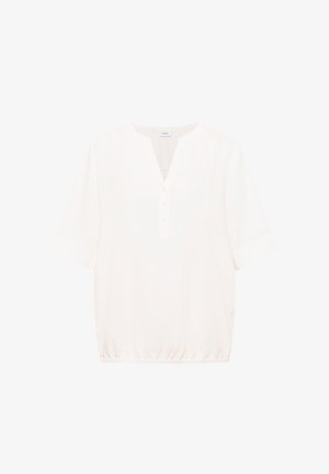 Weiße kurzärmlige Bluse mit V-Ausschnitt und drei Knöpfen, elastischem Saum und einfachem, lockerem Schnitt.