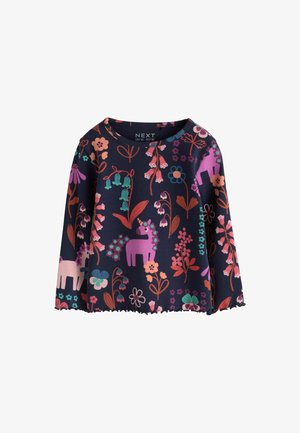 Marineblå langærmet børneskjorte med farverige blomster- og enhjørningemønstre i pink, lilla, orange og grønne nuancer.