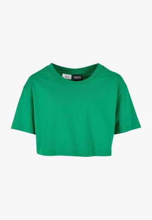 Camiseta verde corta de manga corta con cuello redondo y etiqueta de la marca Urban Classics visible en el interior del cuello.