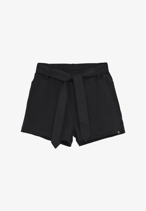 Sorte shorts med en bundet bælt, sidelommer og en glat tekstur. Har enkel syning og et lille logo mærke på kanten.