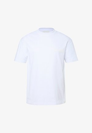 Effen wit T-shirt met korte mouwen en ronde hals, met subtiele "SINNER" tekst op de linkerborst en een klein label aan de onderzoom.