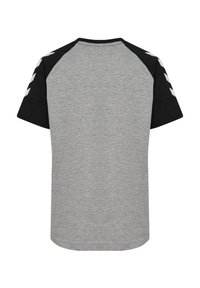 Szary t-shirt z krótkim rękawem, z czarnymi rękawami raglanowymi, cechujący się okrągłym dekoltem i wzorem w zygzak na ramionach. Wykonany z miękkiego materiału.