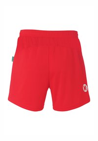 Rode sportshorts met een elastische tailleband, een gladde textuur en een logo aan de onderkant rechts. Eenvoudig, recht gesneden ontwerp.