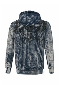 Capuchontrui, marineblauwe en grijs vervaagde stof, met sierlijke zwarte vleugels en patronen, met schriftdetails op de achterkant en mouwen.