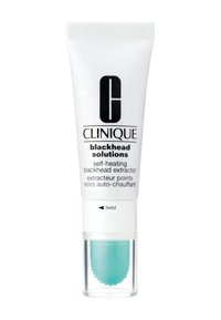 Tube extracteur de points noirs auto-chauffant de Clinique, blanc avec texte noir, base transparente, embout applicateur arrondi turquoise, mécanisme à vis.