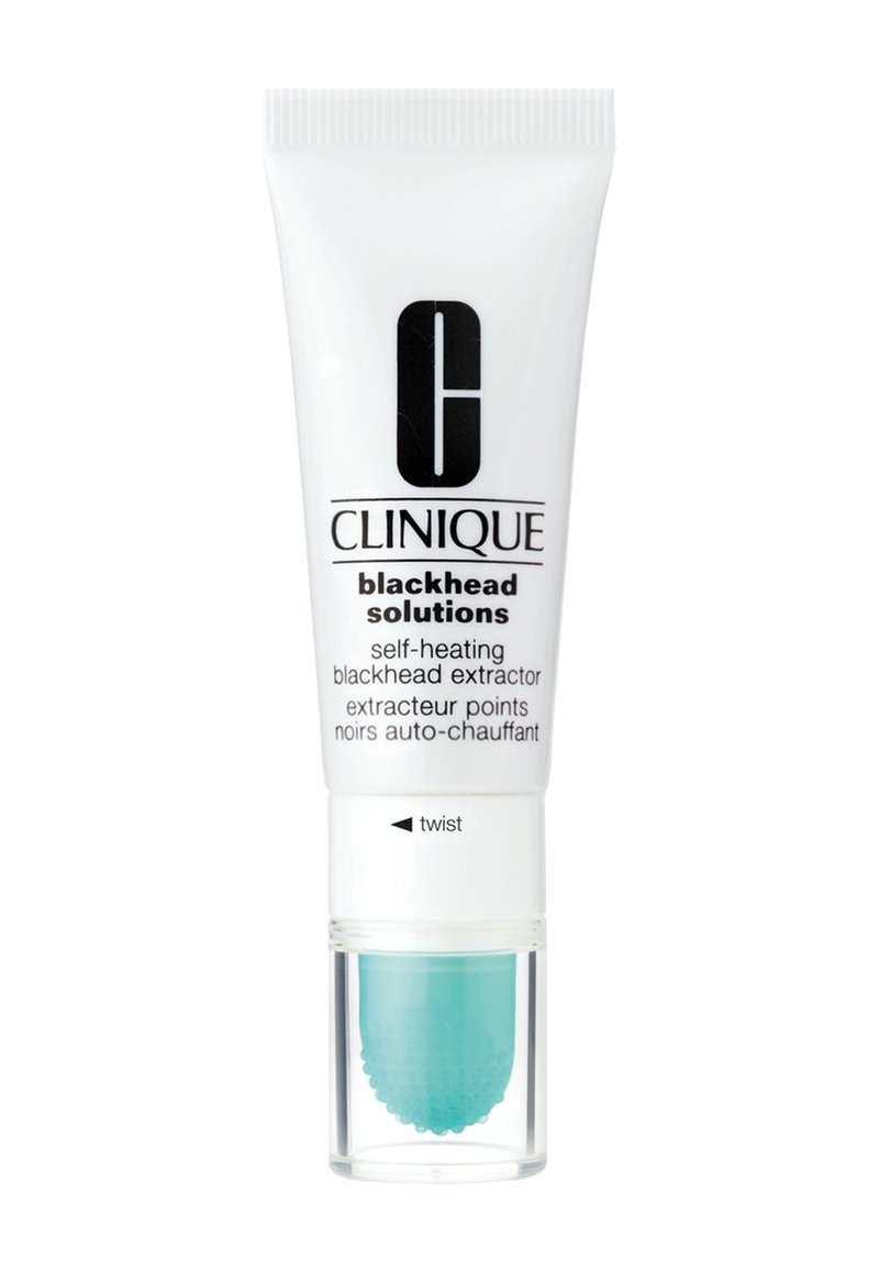 Tube extracteur de points noirs auto-chauffant de Clinique, blanc avec texte noir, base transparente, embout applicateur arrondi turquoise, mécanisme à vis.
