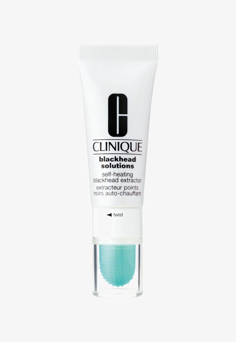 Estrattore di punti neri auto-riscaldante Clinique, bianco con testo nero, base trasparente, punta applicatrice turchese arrotondata, meccanismo a scorrimento.