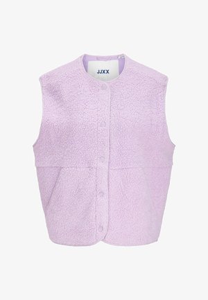 Violets vilnas veste ar struktūrētu virsmu, apaļu kakla izgriezumu, priekšējām spraužampogu aizdares un divām sānu kabatām. Iekšpusē marķēta ar "JJXX".