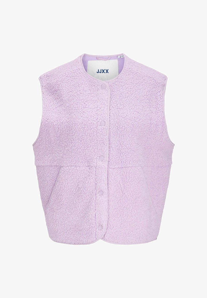 Paarse fleecevest met een gestructureerd oppervlak, ronde halslijn, drukknoopsluiting aan de voorkant en twee zijzakken. Binnenin gelabeld met "JJXX".