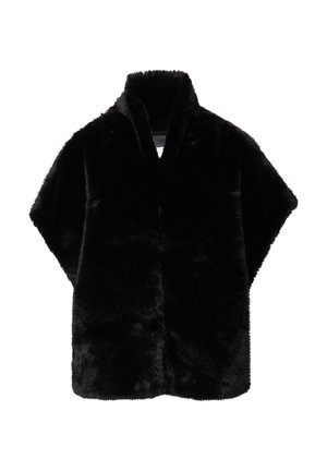 Czarny sztuczny futrzany szal z kołnierzem, charakteryzujący się miękką fakturą i brakiem zapięć, zaprojektowany w luźnej, swobodnej sylwetce.
