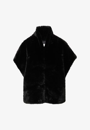 Czarny sztuczny futrzany szal z kołnierzem, charakteryzujący się miękką fakturą i brakiem zapięć, zaprojektowany w luźnej, swobodnej sylwetce.