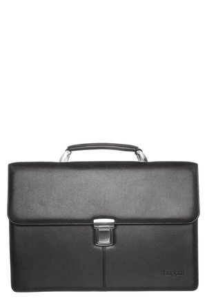 Schwarze Leder-Aktentasche mit silberner Schnalle und Griff, rechteckige Form, glatte Textur und geprägt "bugatti" Logo unten rechts.