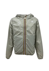 Giacca leggera con cappuccio di colore grigio chiaro, con zip frontale e una striscia multicolore. Include due tasche laterali. Realizzata in materiale resistente all'acqua.