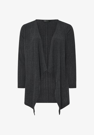 Cardigan a costine di colore grigio scuro, con maniche lunghe, apertura frontale e siluetta drappeggiata. Tessuto morbido con texture verticale e vestibilità comoda.