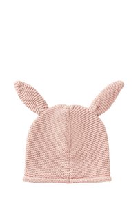 Pletená růžová čepice s dvěma vztyčenými ušima, ribbové textury a zaobleného tvaru. Jednoduchý design s důrazem na přátelské prvky pro děti.