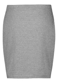 Spódnica w czarno-białą kratę houndstooth, dopasowany krój, gładka tekstura, długość do połowy uda, z prostym pasem dla czystej sylwetki.