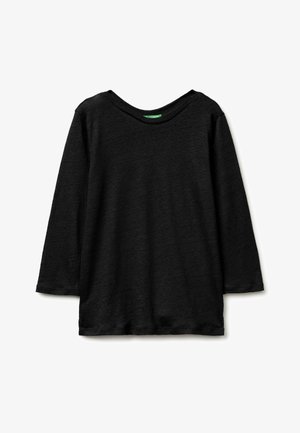 Maglietta nera a maniche lunghe con scollo rotondo in tessuto leggermente strutturato, mostrata su sfondo bianco.