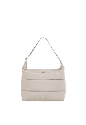Borsa a tracolla imbottita beige chiaro con cuciture orizzontali, chiusura con cerniera e tracolla corta, con piccolo logo frontale.