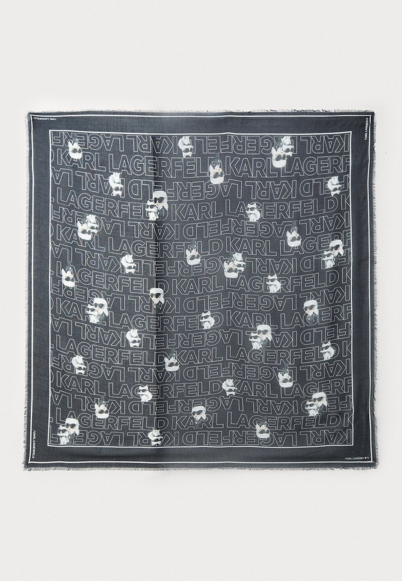 Must mustvalge "Karl Lagerfeld" teksti ja valge juustega prillidega karakteri graafiliste kujunditega must sall. Karmid servad.