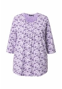 Fioletowa bawełniana tunika z okrągłym dekoltem, rękawami 3/4 oraz kwiatowym wzorem z białych i ciemniejszych fioletowych kropek. Miękka w dotyku, z plisami z przodu.