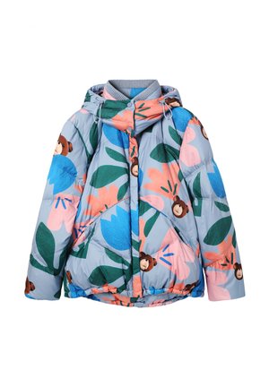 Podšívková bunda svetlomodrej farby s pestrými kvetinovými a medvedími vzormi. Obsahuje kapucňu, predný zips a elastické manžety pre pohodlné nosenie.