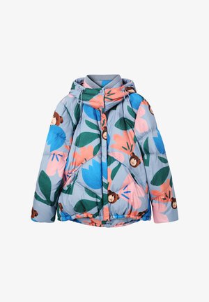 Jachetă căptușită de culoare albastră deschisă, cu modele florale colorate și ursuleți. Are o glugă, fermoar frontal și manșete elastice pentru o potrivire confortabilă.