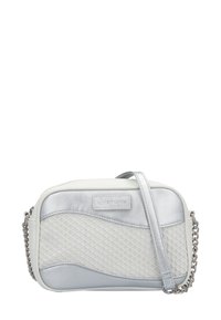 White and silver faux leather crossbody bag with a textured weave pattern, chain strap, and smooth accents; rectangular shape.