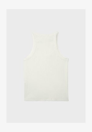 White sleeveless ribbed knit tank top with high neck, laid flat on a light gray background.