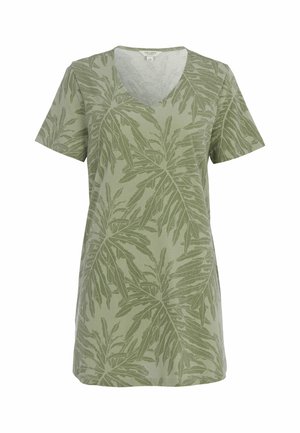 Grünes Kleid mit kurzen Ärmeln und V-Ausschnitt sowie dunklerem grünem tropischem Blattmuster überall.