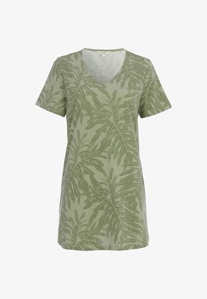 Grünes Kleid mit kurzen Ärmeln und V-Ausschnitt sowie dunklerem grünem tropischem Blattmuster überall.