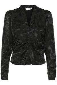 Black blouse made of shiny material, featuring a V-neckline, long sleeves, gathered detailing at the waist, and a textured pattern.