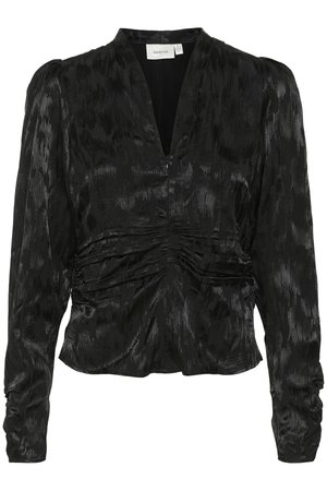 Black blouse made of shiny material, featuring a V-neckline, long sleeves, gathered detailing at the waist, and a textured pattern.