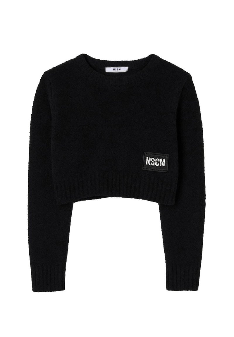 Maglione corto nero realizzato in tessuto morbido. Collo rotondo, maniche lunghe, polsini a coste, con un'applicazione del logo testurizzato sul davanti.