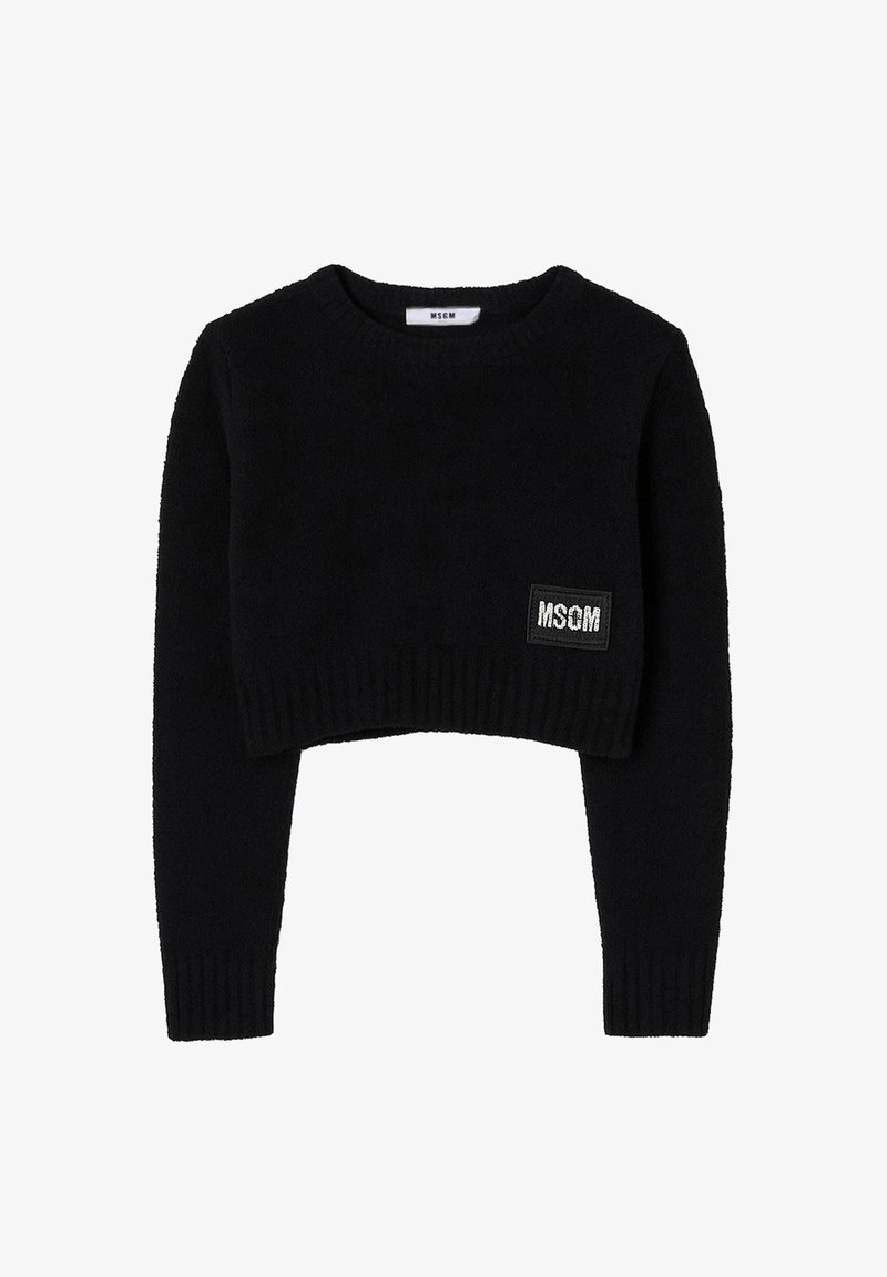 Maglione corto nero realizzato in tessuto morbido. Collo rotondo, maniche lunghe, polsini a coste, con un'applicazione del logo testurizzato sul davanti.