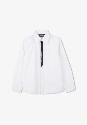 Vit skjorta med ett svart vertikalt rand och texten "KARL LAGERFELD". Klassisk krage, långa ärmar och design med knäppning fram.