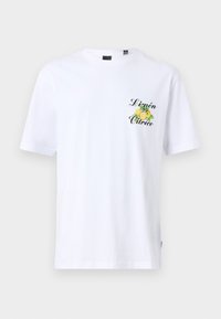 Valkoinen lyhythihainen T-paita, joka on valmistettu puuvillasta ja jossa on painettuna keltaisia sitrushedelmiä ja teksti vasemmalla rintapuolella. Pyöreä kaula-aukko ja rento istuvuus.