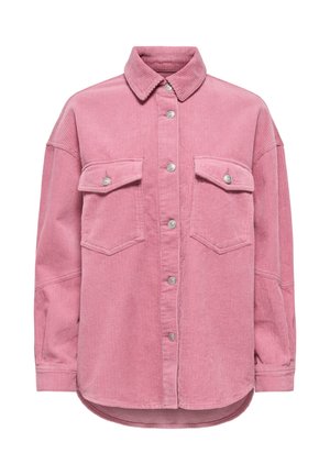 Veste-chemise en velours côtelé rose avec col à revers, fermeture à boutons sur le devant, deux poches poitrine et ourlet arrondi. Tissu texturé subtil.