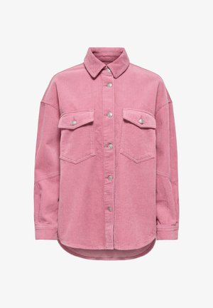 Roze corduroy overhemdjas met een kraag, knoopsluiting aan de voorkant, twee borstzakken en een afgeronde zoom. Heeft een subtiel gestructureerde stof.