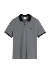 Grijze polo gemaakt van textiel met structuur, voorzien van een zwarte kraag met dunne blauwe strepen, korte mouwen en een klein logo op de borst.