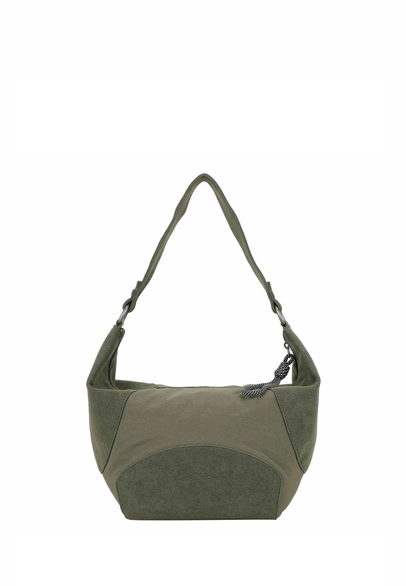Borsa a spalla verde oliva con una texture morbida, forma curvata, pannelli in tessuto doppio e una tracolla intrecciata, con un sottile dettaglio del logo sul lato.