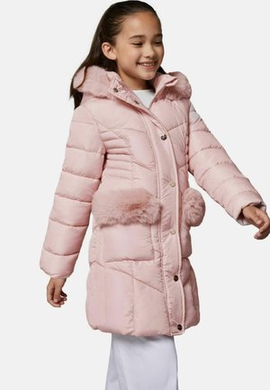 Cappotto imbottito rosa chiaro con cappuccio e rifiniture in pelliccia sintetica, dotato di zip e chiusura a bottoni, tasche laterali e un design trapuntato.