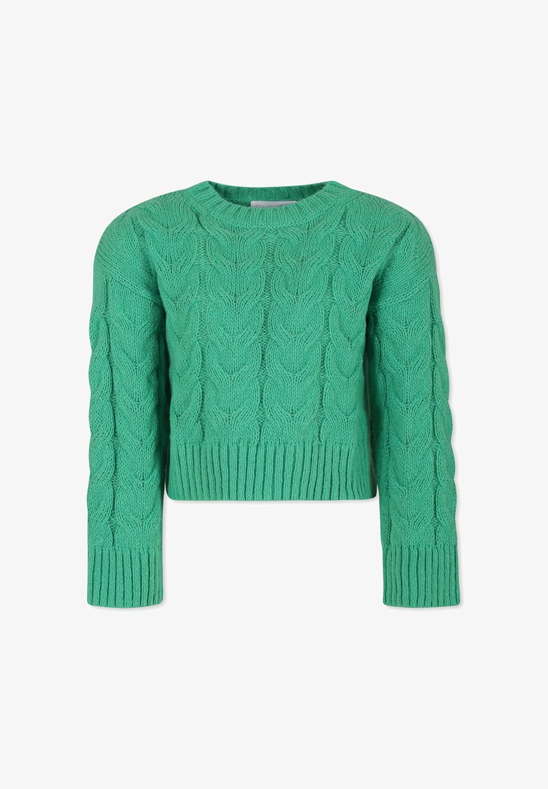 Maglione verde cropped realizzato in maglia texturizzata con motivi a treccia, scollo rotondo e maniche lunghe con polsini e orlo a costine.