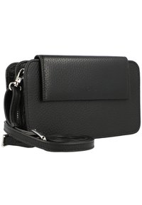 Rectangular black leather wallet with textured finish, magnetic flap closure, and detachable strap. Features embossed logo on front.