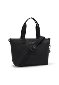 Zwarte tote bag gemaakt van textuurstof. Beschikt over dubbele handvatten aan de bovenkant, een afneembare schouderriem en een ritsluiting.