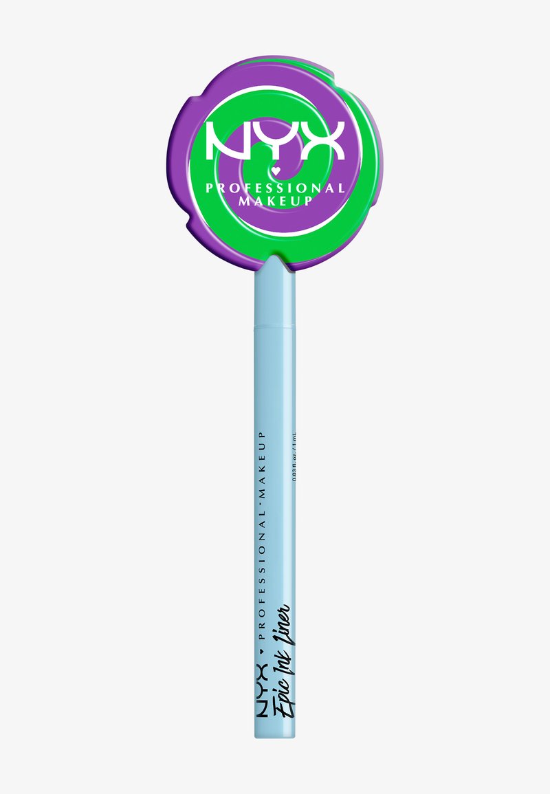 Korektor NYX Epic Ink w jasnoniebieskiej tubce z okrągłą, fioletowo-zieloną nakrętką z logo NYX i białym napisem.
