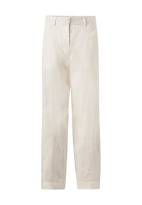 Pantaloni a gamba larga color beige chiaro realizzati in lino. Presentano una parte frontale piatta, una texture liscia e una lunghezza cropped con risvolti alle estremità.