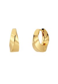 Pendientes de aro en tono dorado con un acabado suave y pulido. Tienen una forma abstracta y un cierre articulado para un uso seguro.