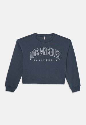 Sweatshirt cropped de um azul marinho escuro, com decote redondo e mangas longas. Apresenta texto branco, "LOS ANGELES CALIFORNIA," centrado na parte frontal.