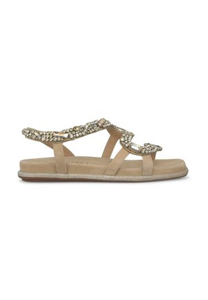 Sandali piatti beige con più cinturini, caratterizzati da una tomaia decorativa e scintillante con strass e una soletta imbottita e testurizzata.
