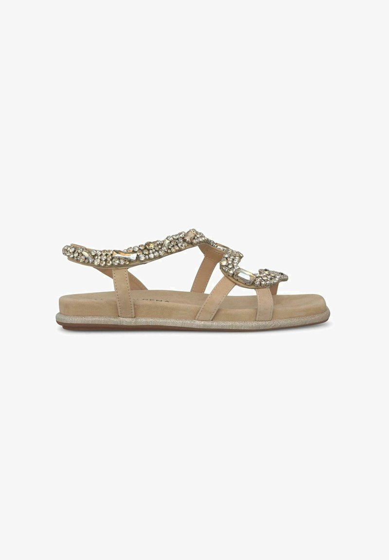 Beige platte sandalen met meerdere banden, met een decoratieve, sprankelende bovenkant versierd met rhinestones en een gevoerde, textuur voetbed.
